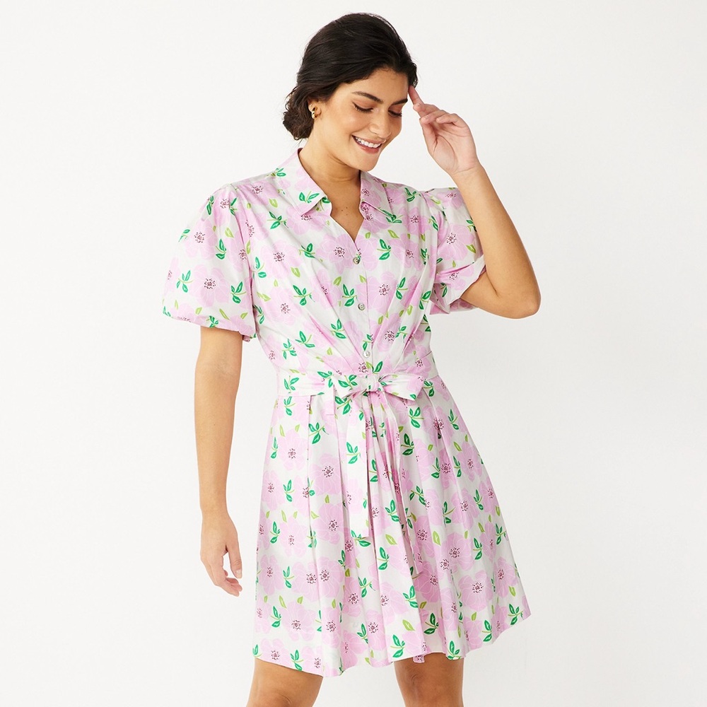 Draper James Pink Floral Tie-Waist Shirt Dress
